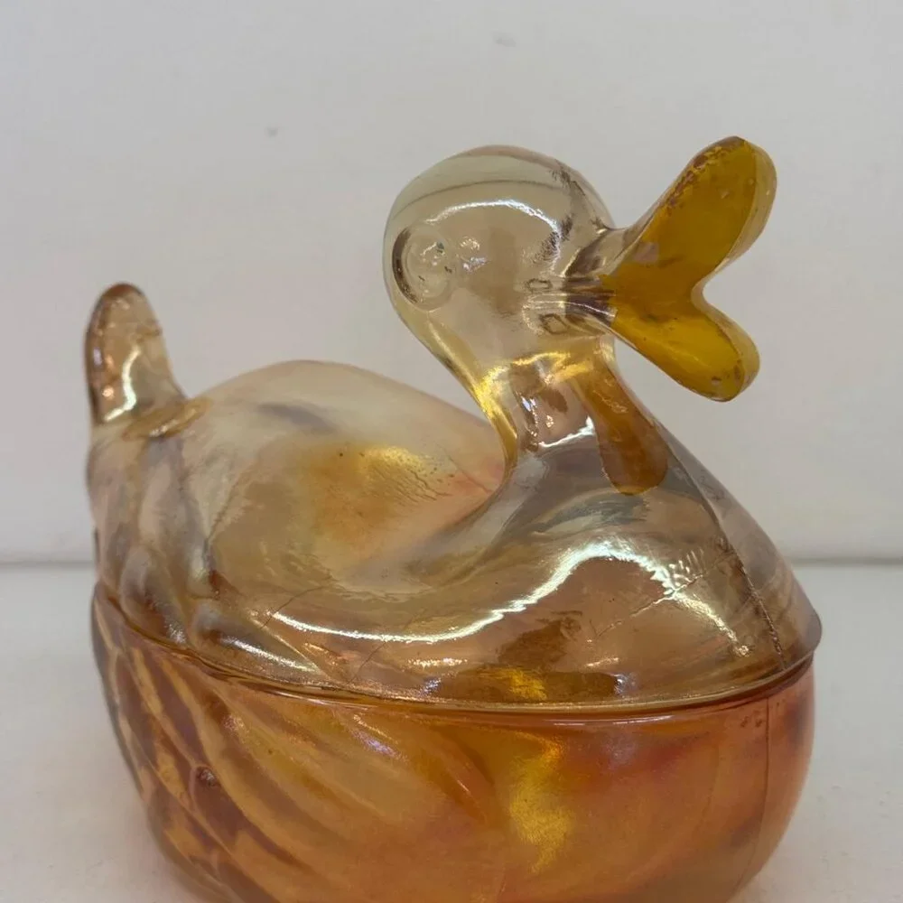 Jeanette Duck Powder Dish Iridescent Amber Glass Trinket Mamma Quack 1940's